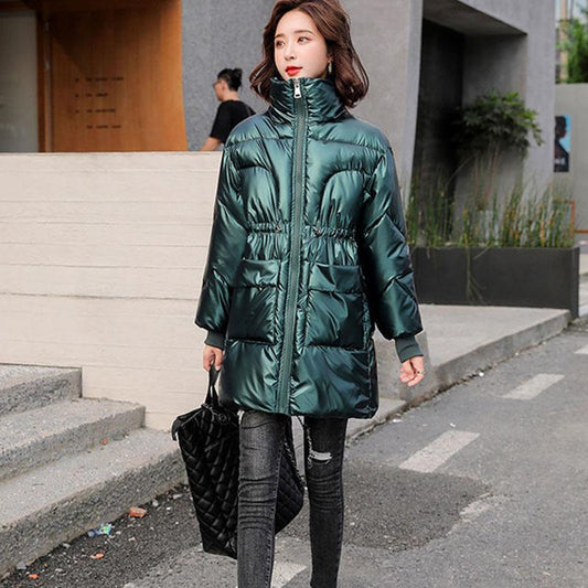 Women's Winter Coats Fashion Glossy Stand Collar Parkas Waterproof Shiny Winter Jacket Women Drawstring Padded Cotton Coat Outwear