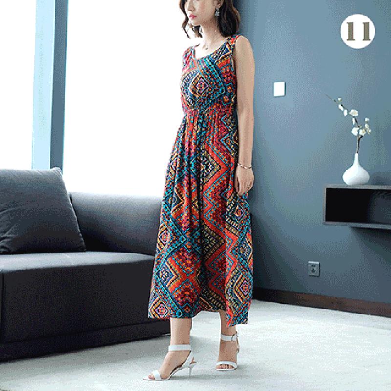 Fashion Boho Summer Cotton Floral Dress Female Vacationer Beach Large Size Printed Sleeveless Dress