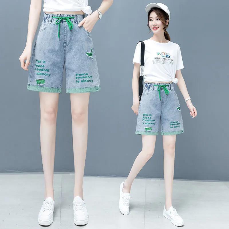 Ripped Denim Shorts Women Loose Wide Leg Pants High Waist Was Thin Elastic Waist Embroidered Five-point Pants