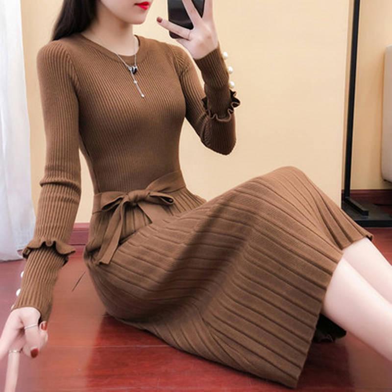 Spring and Autumn Jacket Long Sleeve Round Neck Casual Clothes Fashion Casual Pure Color Sweater Dress