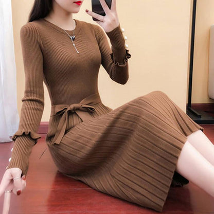 Spring and Autumn Jacket Long Sleeve Round Neck Casual Clothes Fashion Casual Pure Color Sweater Dress