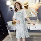 Women Summer Vintage High Waist Holiday Round Collar Dress Elegant Slim Short Sleeve Print Casual Long Dress