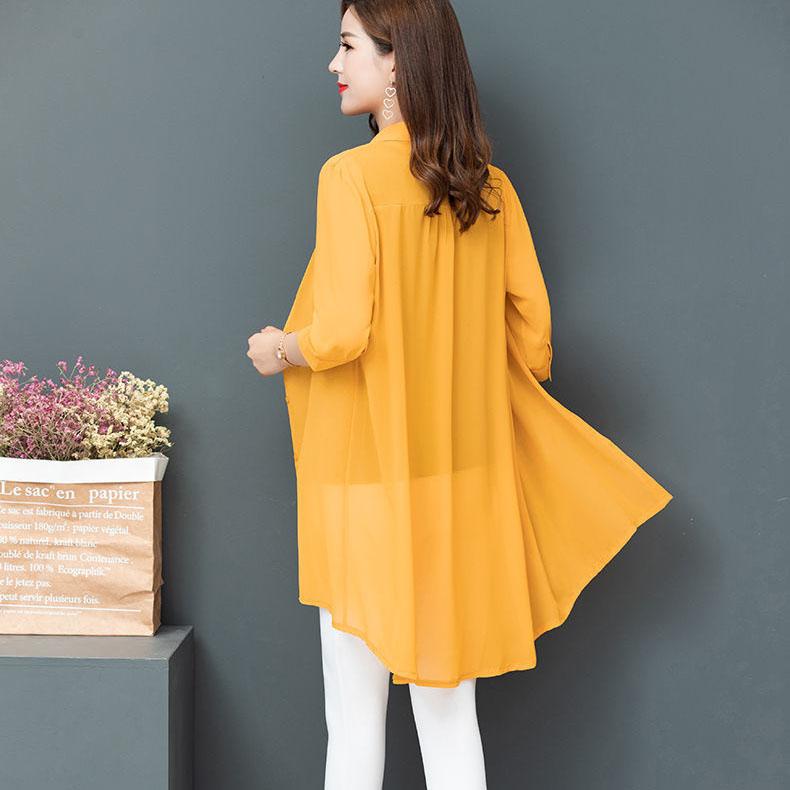 Women's Large Size Mid-length Chiffon Shirt 3/4 Sleeve Cardigan Shirt Spring Summer Loose Casual Sun Protection Coats