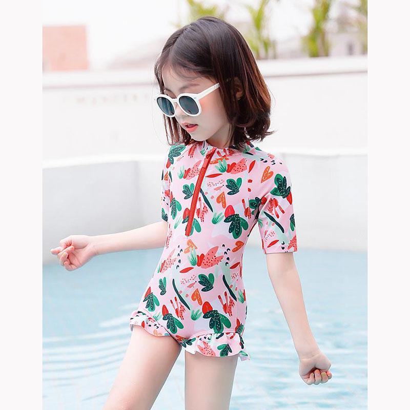 Baby Girls Flower Printed Swimsuit Summer One Piece Bikini Swimming Suit Kids Baby Short Sleeve Lotus Leaf Sleeve Quick Dry Beachsuit
