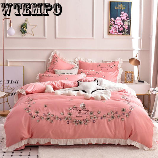Bedding Four-piece Lotus Leaf Lace Sheets Set Pillow Pillow Set Cotton Home Bedroom Fresh Air Bedding Suit
