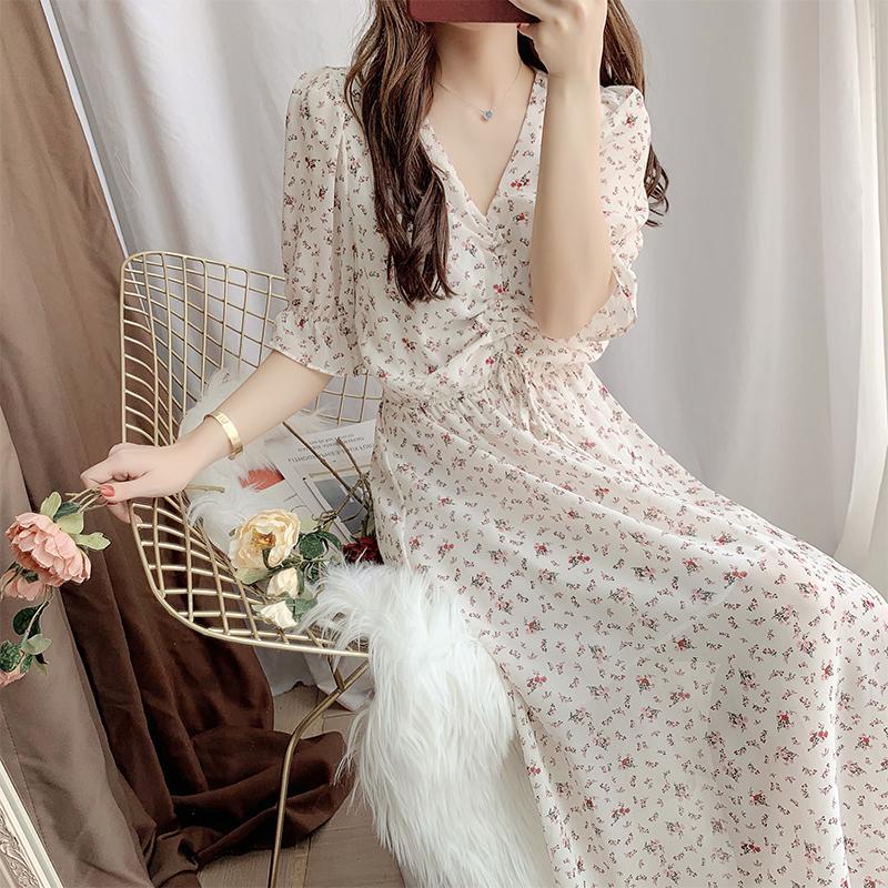 Female Elegant Floral Print Holiday Dress Summer High Waist Slim Graceful Vintage Chiffon Party Dress