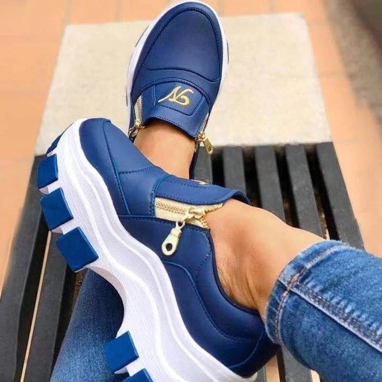 New Spring Black Wedges Sneakers Platform Women Shoes Thick Bottom Fashion Zipper Non-slip Casual Women Vulcanized Shoes