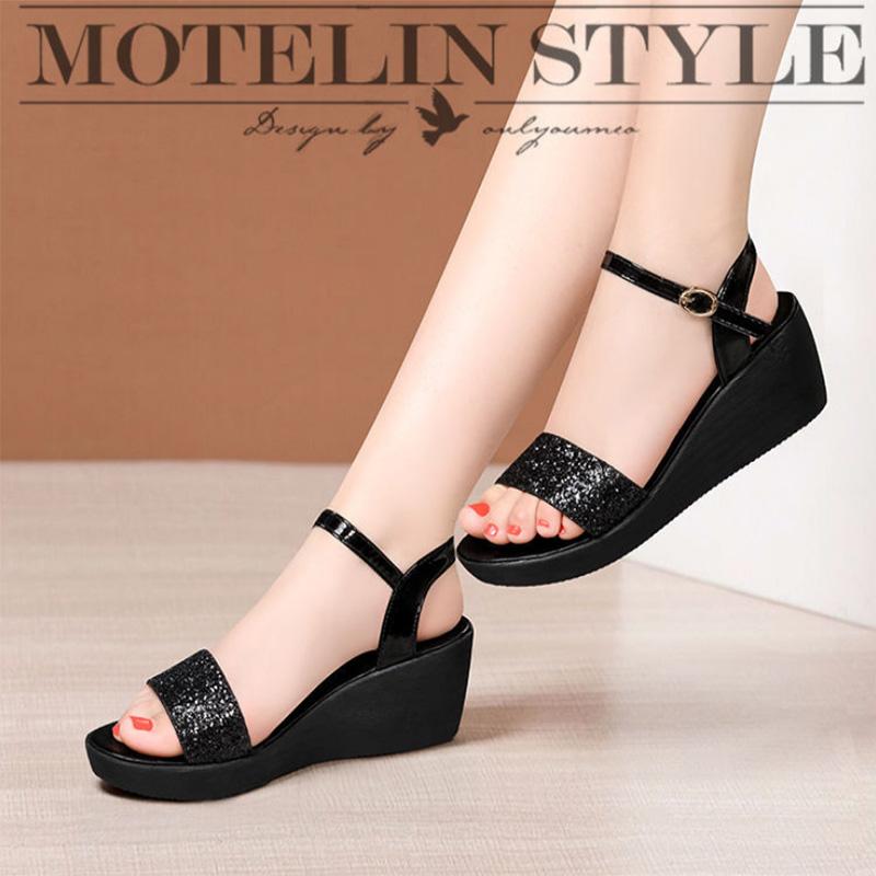 One Word Buckle Wedge Heel Sandals Women's Waterproof Platform Casual Work All-match Fashion Sandals