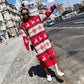 Super Long Pullover Sweater Women Autumn and Winter Fawn Print Red Christmas Sweater Loose Base Knitted Sweater Dress