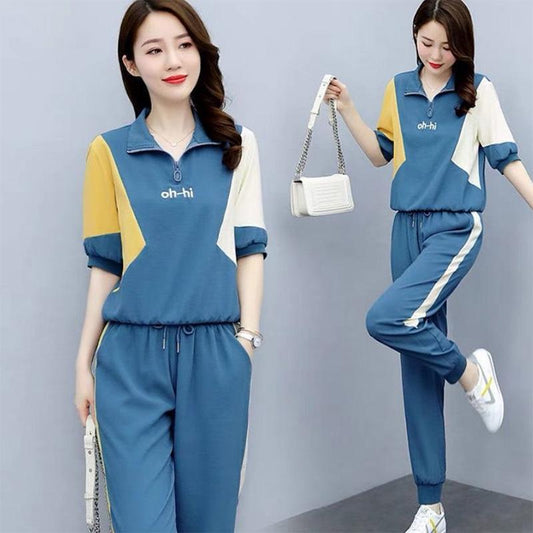 Fashion Suit Women's Casual Sportswear Summer Loose Short-sleeved All-match Leggings Pants Age-reducing Western Style Two-piece Suit