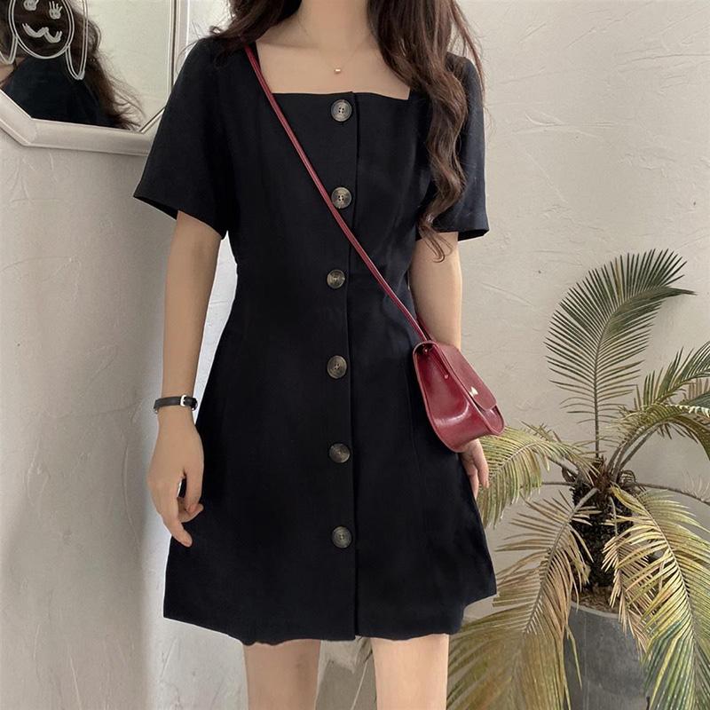 Women's Solid Color Waist Slimming Square Neck Short-sleeved Black Dress Simple Button DressMid-length A-shaped Skirt Age Reduction