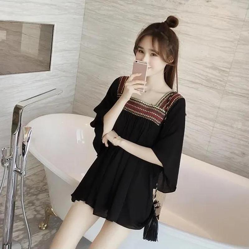 Ethnic Style Chiffon Dress Women Loose and Thin Bat Sleeves Large Size Square Neckline above knee Solid Color