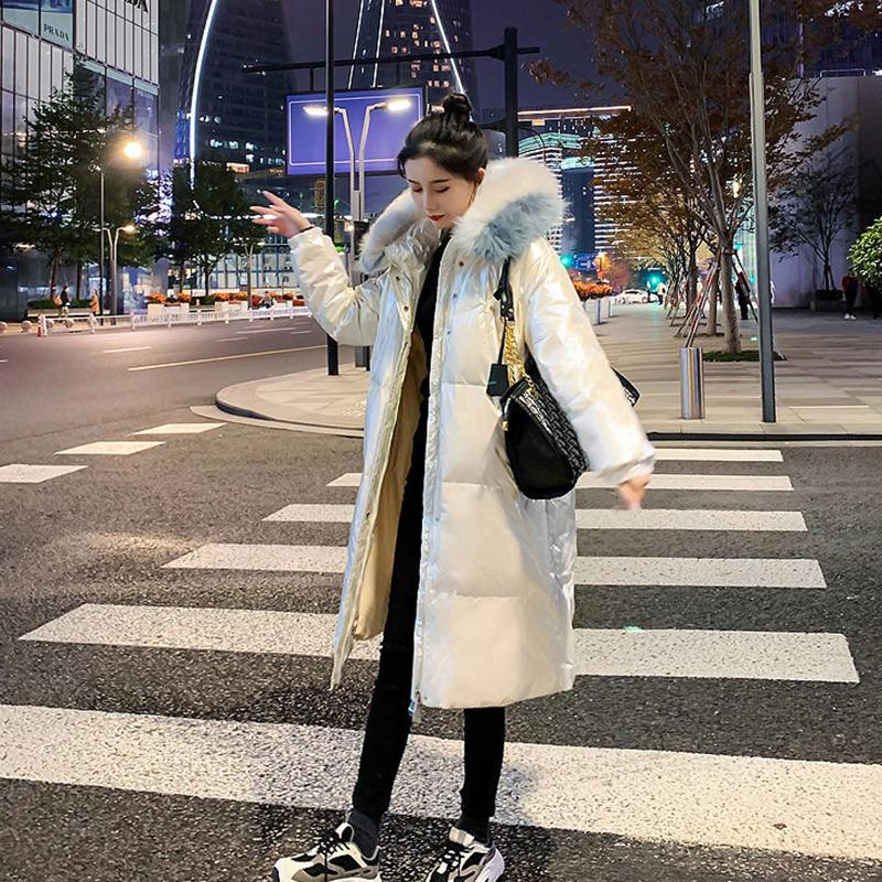 Women's Glossy Loose Down Jacket Mid-length Korean Thick Coat Warm Cotton Coat with Big Fur Collar Winter Quilted Jacket