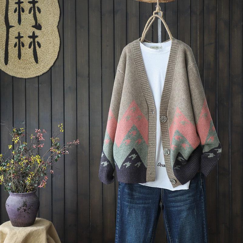 Color Matching Jacquard Knitted Sweater Cardigan Casual Versatile Knitted Sweater Jacket V-neck Long-sleeved Warm Retro Style