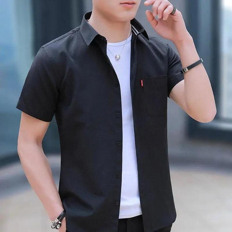 Oxford Cloth Shirt Men Tees Button Up Casual Undies Short Sleeve T-shirt Stretch Cardigan Male Clothing Solid Color Top Summer