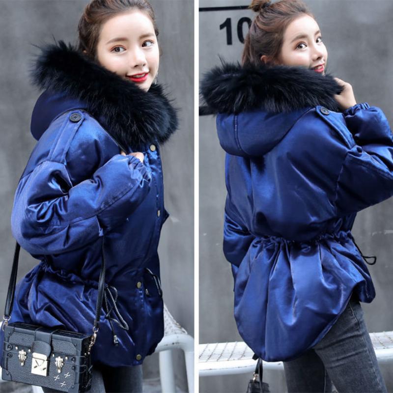 Women's Solid Color Hooded Down Jacket Regular Korean Loose Thick Coat Warm Cotton Coat Large Leather Collar Winter Coat Quilted Coat
