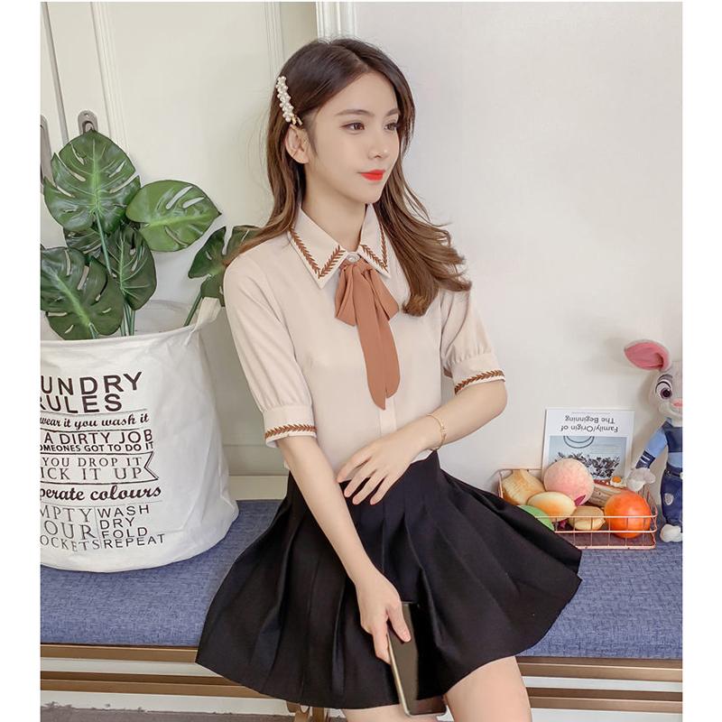 Chiffon Shirt Women's Short-sleeved Bowknot Niche Loose Casual Chiffon Shirt Sweet and Cute Loose Casual Shirt Fabric Light and Breathable