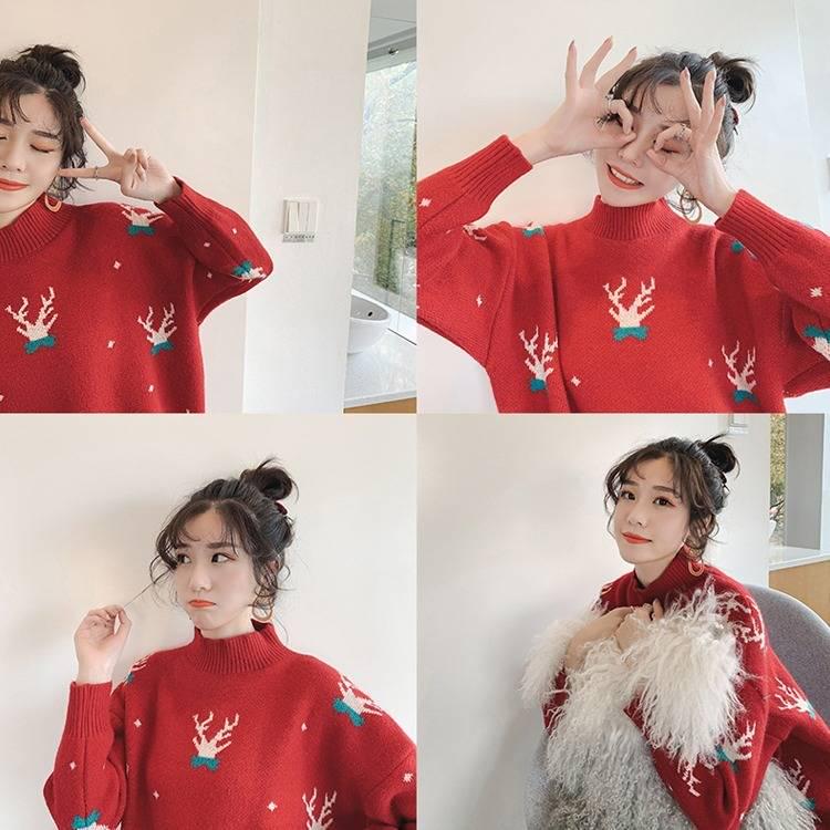 New Christmas Elk Red Half Turtleneck Sweater Women Loosely Thin Long Sleeve Base Sweater