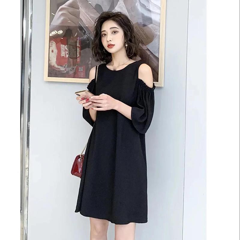 Summer Loose Strapless Bowknot Dress Loose and Thin Skirt Women's Mid-length Round Neck Strapless Simple Loose Dress Casual and Comfortable