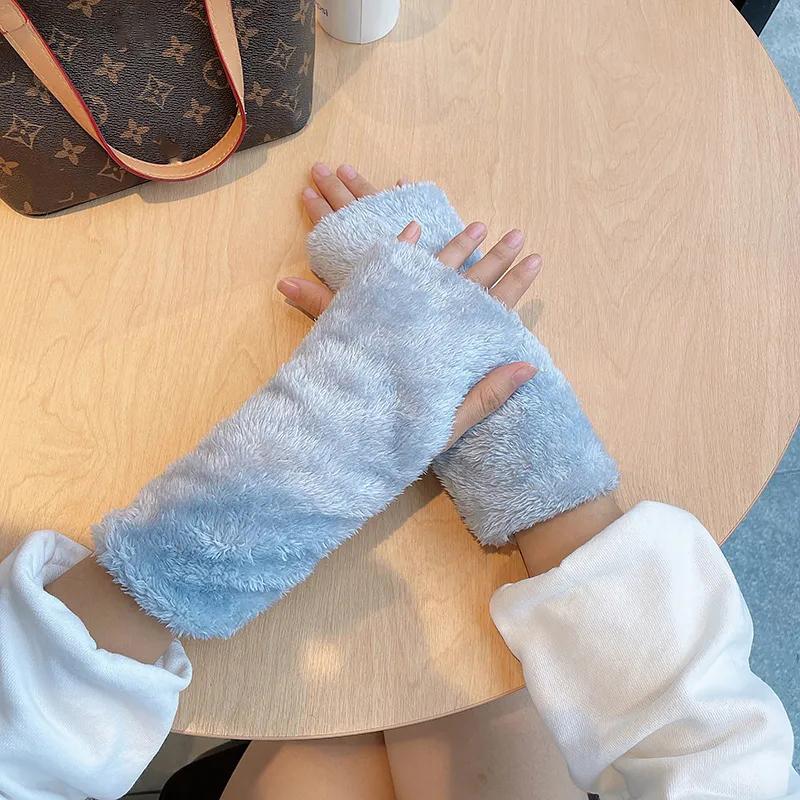 Winter Gloves Women Thick Plush Warm Gloves Long Arm Cover Fingerless Gloves