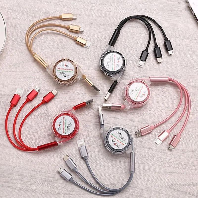 Three-in-one Data Cable 1m Long USB Car Data Cable Android Apple Type-C Connector Electronic Device Charging Cable