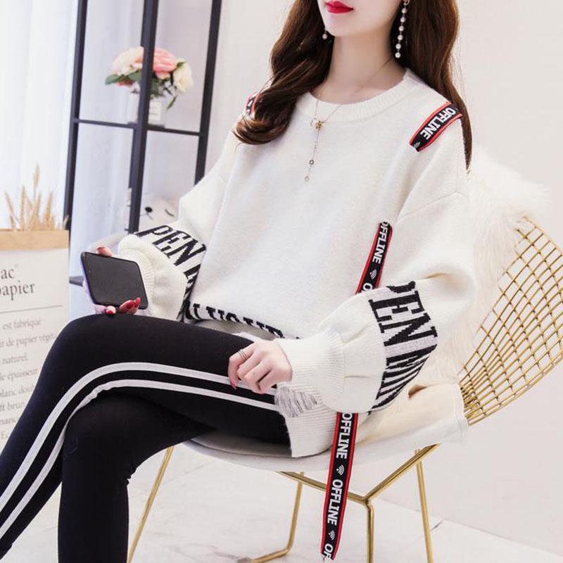 Personalized Round Neck Sweater Women Loose Letter Printing Irregular Split Hem Pullover Sweater Outer Wear