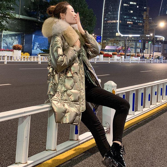 Bright Silver Down Jacket Winter Women's Long Hooded Coat Parka Thick Winter Jacket Women's Coat Oversize