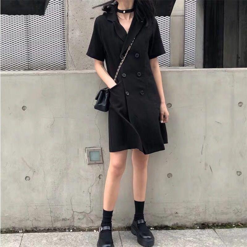 Black Dress Women's Cool Girl Summer Dress Short Sleeve Turn-down Collar Knee-length Daily Wear Office Dating Party