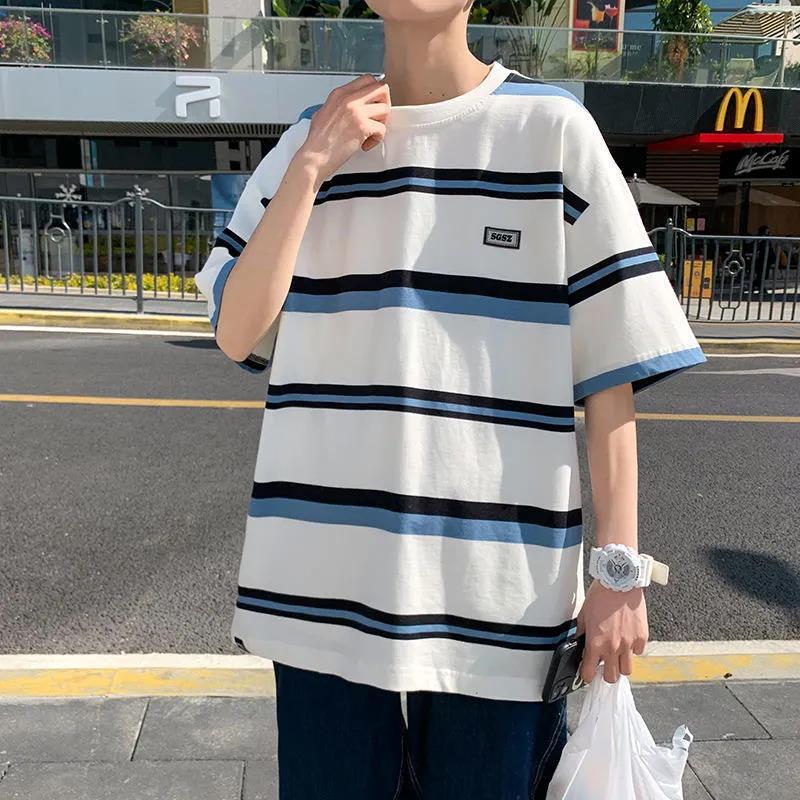 Striped T-shirt Men's Loose Large Size Summer Short-sleeved Shirt with Summer New Style Youth Short-sleeved