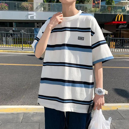 Striped T-shirt Men's Loose Large Size Summer Short-sleeved Shirt with Summer New Style Youth Short-sleeved