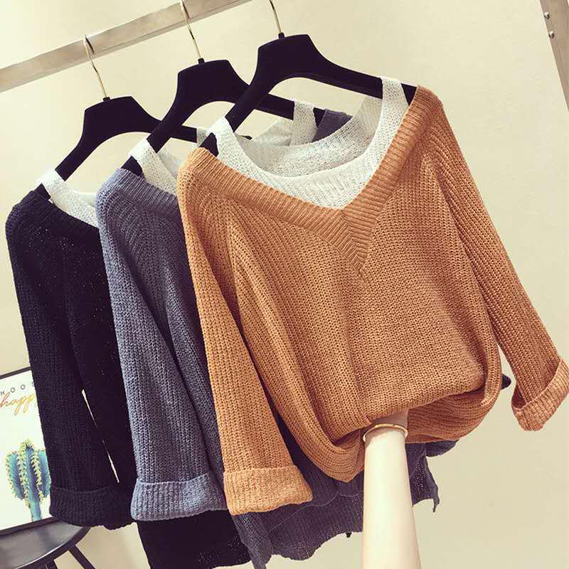 Women's Pullover Sweater Fake Two-piece Sexy Off-the-shoulder Sweater Women's Long-sleeved Loose Sweater Bottoming Top