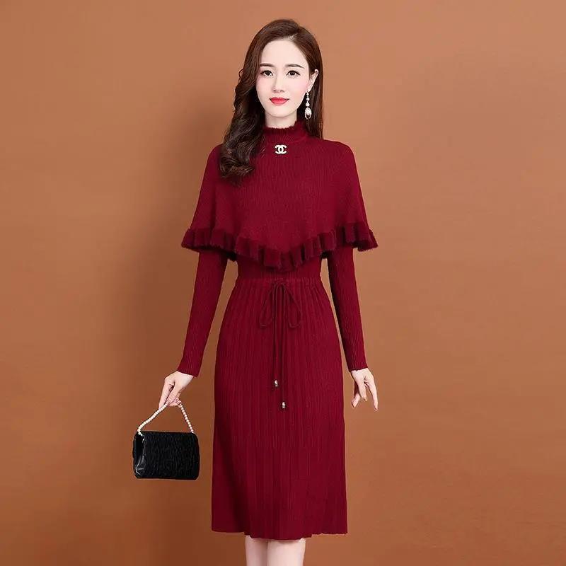Knitted Dress Women's 2021 Autumn and Winter Temperament Winter Dress Mid-length Bottoming Inner Sleeve Sweater Dress Dress