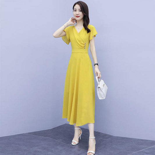 Fashion Dress Summer Plus Size Women's High-end Waist Was Thin and Temperament V-neck Long DRESS