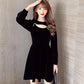 Black Velvet Short Skirt with Puff Sleeves High-end Autumn and Winter Long-sleeved Retro Round Neck Hollow Inner Dress