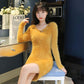Autumn Women Knitting Skirt Solid Color Turtleneck Knit Sweater Slim Skirt Set