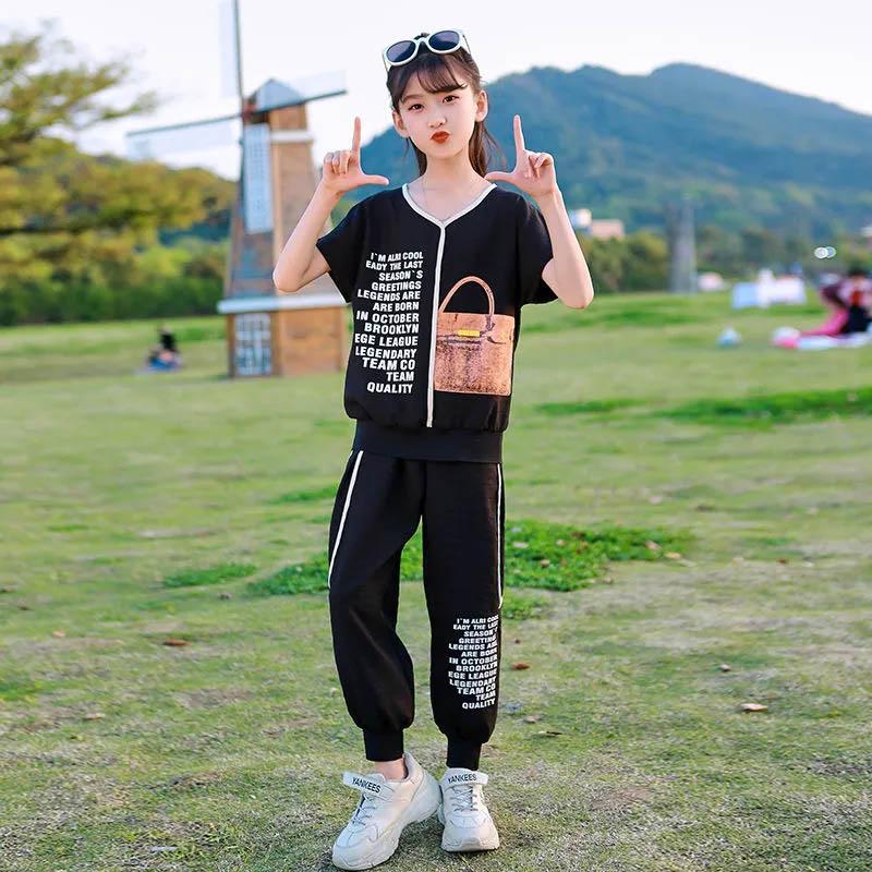 Girls Summer Clothes Light and Thin Section Cool Breathable Suit Korean Version Printed Pocket Casual Short-sleeved Trousers Sports Two-piece Suit