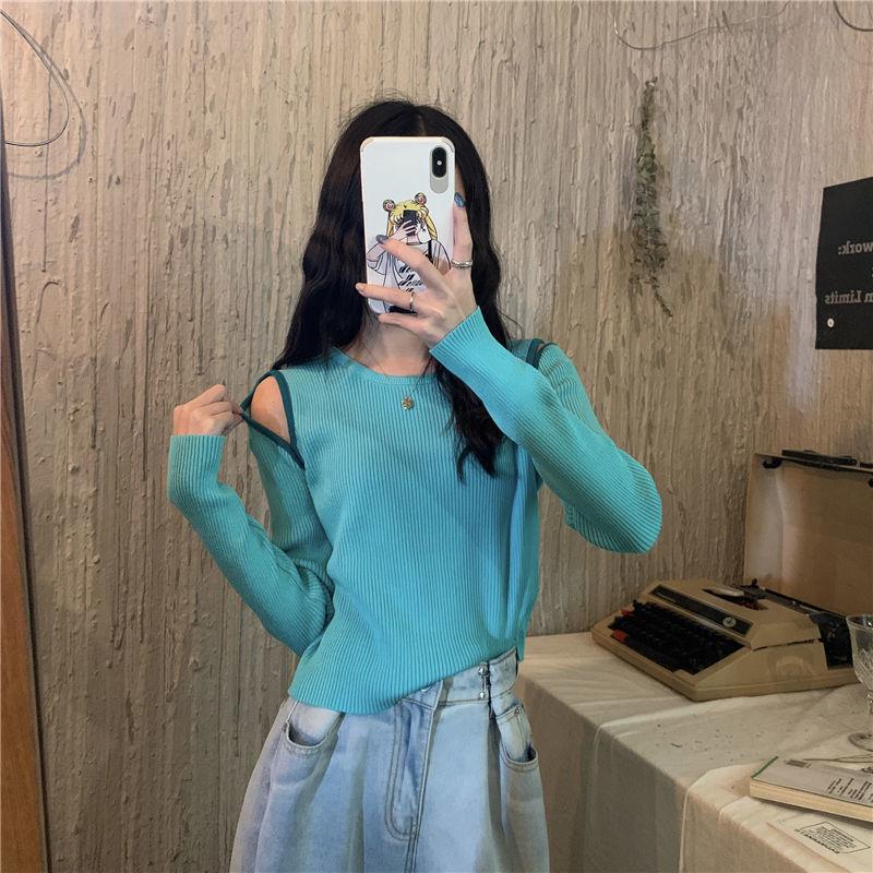 Autumn Loose Knit Sweater Women's Student Off-shoulder Long-sleeved Sweater White Bottoming Clothes