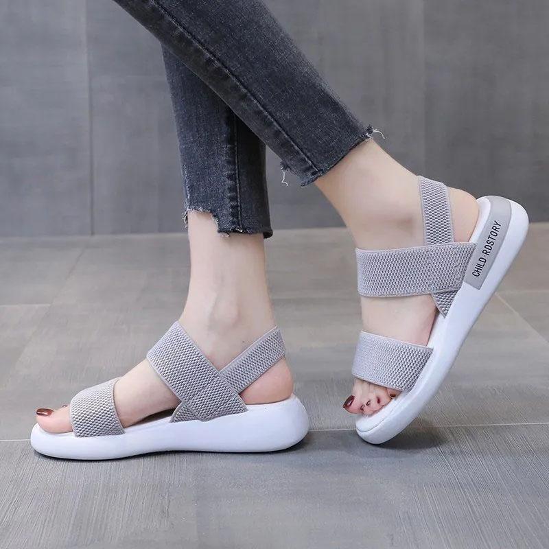 Women's Summer Sandals Soft Bottom Elastic Band Korean All-match Sports Shoes Non-slip Comfortable Sandals Casual Beach Sandals Leisure Solid Color