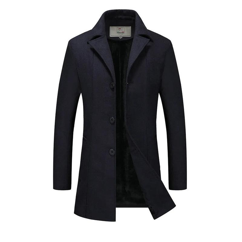 Men's Autumn and Winter Thick Woolen Coat Mid-length Slim Business Coat Winter Single-breasted Wool Trench Coat Solid Casual Suit Collar Warm Outfit