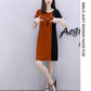 Mid-length Dress Loose and Thin, Covering The Meat Casual Dress Women's Round Neck Short Sleeve Stitching Color Dress Loose and Comfortable