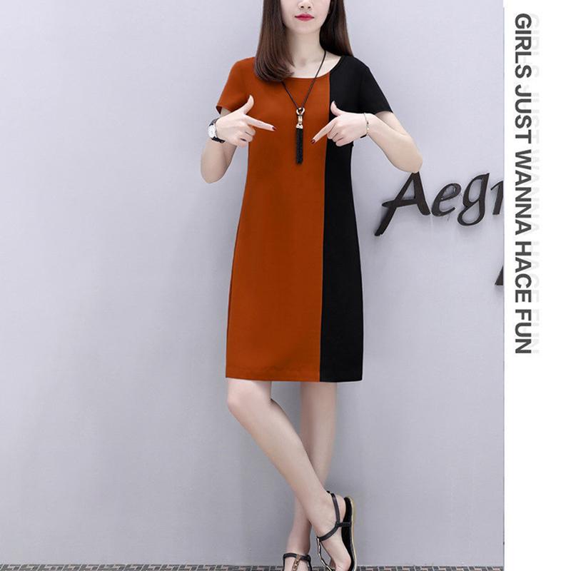 Mid-length Dress Loose and Thin, Covering The Meat Casual Dress Women's Round Neck Short Sleeve Stitching Color Dress Loose and Comfortable