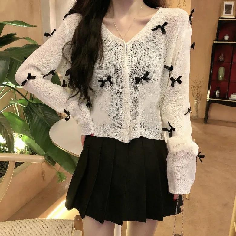 Women's Thin Coat Summer Bow Sunscreen Cardigan White Loose Coat Long-sleeved Knitted Sweater Women V Neck Button Hollow Out Tops Cute Blouse Sweater