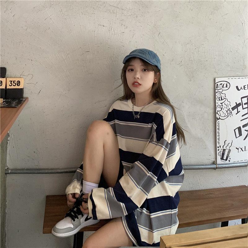 Striped T-Shirt Casual Autumn Ladies Loose Tee Female Women Long Sleeve Pullover