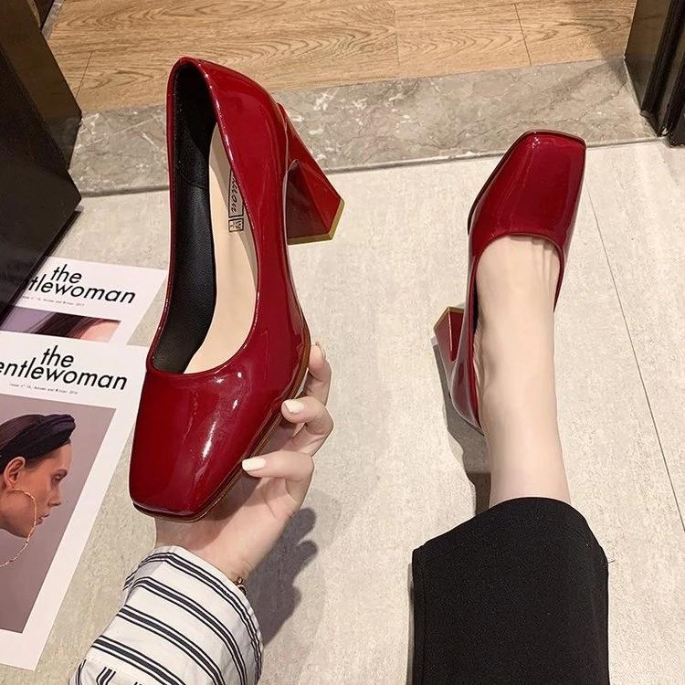 High Heels for Women Square Heel Patent Leather Pumps Square Toe Fashion Luxury Wedding Shoes Lady Office Work Shoes