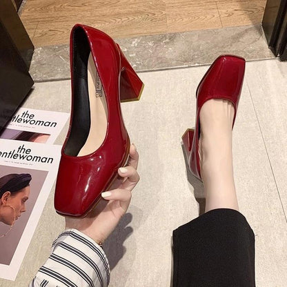 High Heels for Women Square Heel Patent Leather Pumps Square Toe Fashion Luxury Wedding Shoes Lady Office Work Shoes