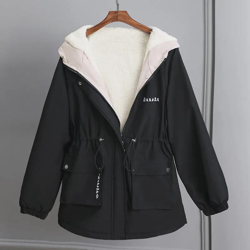 Parker Plus Velvet Thick Coat Women All-match Casual Casual Short Hooded Waist Loose Windbreaker Women Warm and Comfortable