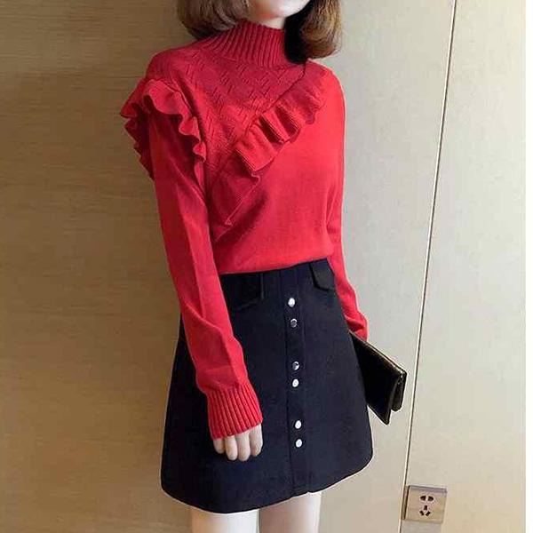 Autumn and Winter Half High Neck Sweater Fungus Lace Slim Long Sleeve Sweater