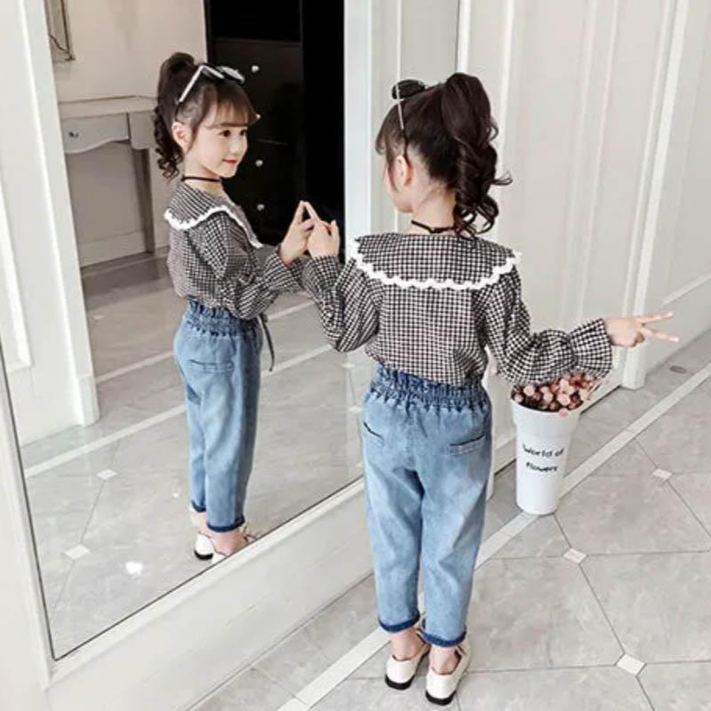 Girls Spring and Autumn Suits Thin Long Sleeves Casual Simple Natural Style Ruffle Decor Comfortable Two-Piece Set