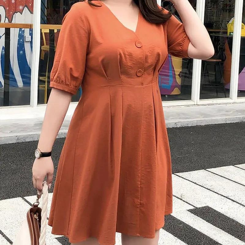 Solid Color Large Size L-XXXXXL Women's Summer Dress Short Sleeve V-Neck Above Knee