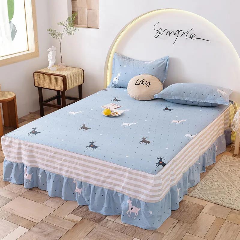 One-piece Mattress Cover Cotton Korean Version Printing Non-slip Simmons Protective Cover Four Seasons Universal Mattress Dust Cover
